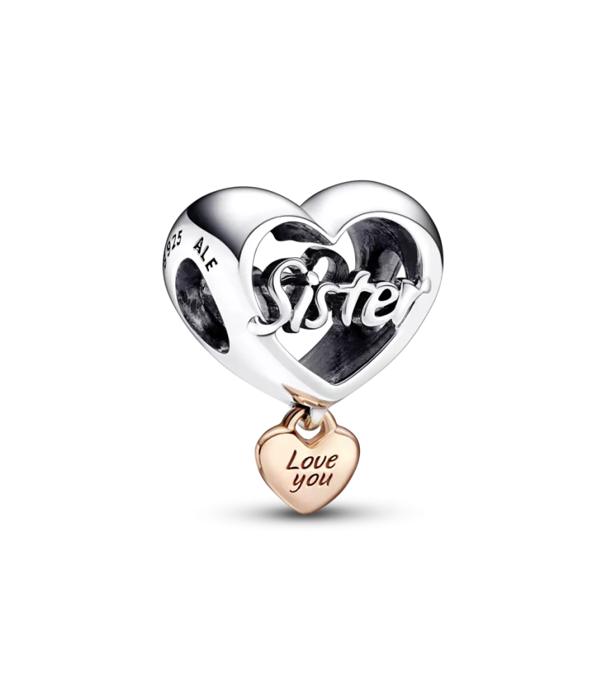 Charm en plata de ley y con un reucbrimiento en oro rosa de 14k Corazón Te Quiero Hermana