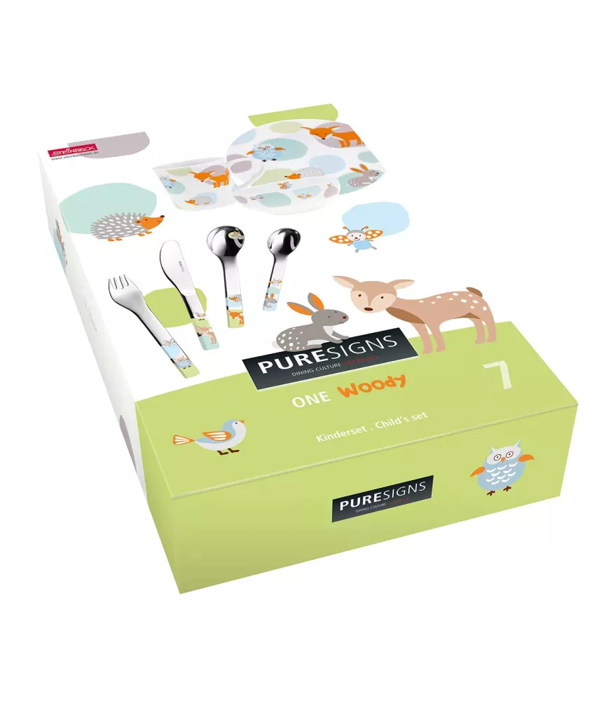 Set 7 piezas vajilla y cubiertos "Woody".