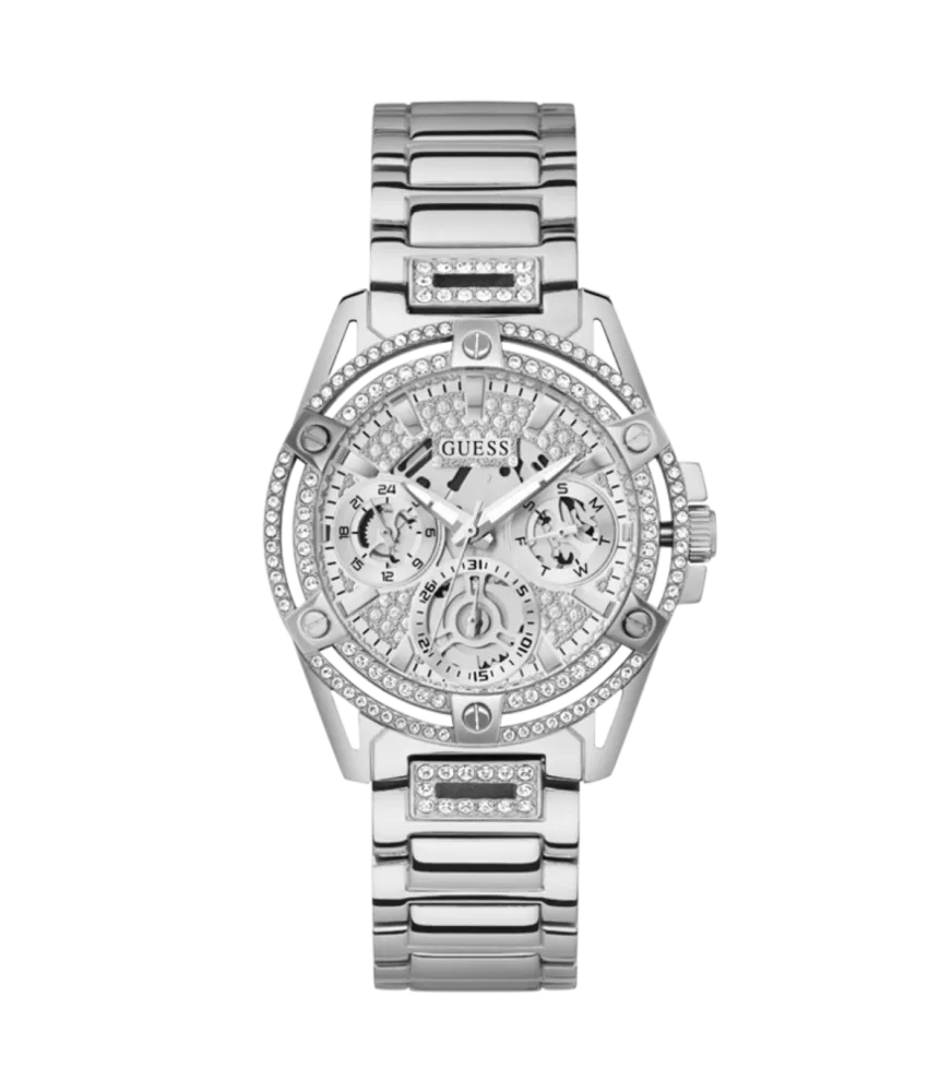 Cuarzo ,analógico, 3 agujas y multifunción. Con esfera de color plateado y cristales