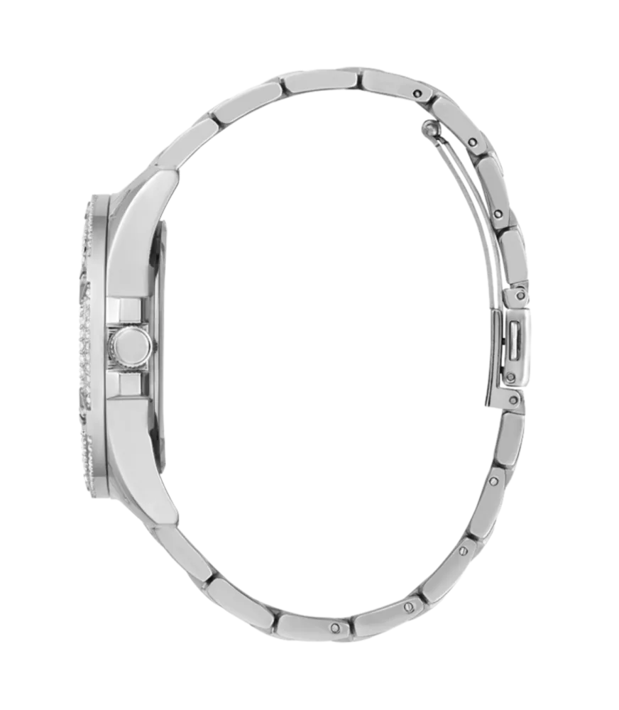 Cuarzo ,analógico, 3 agujas y multifunción. Con esfera de color plateado y cristales