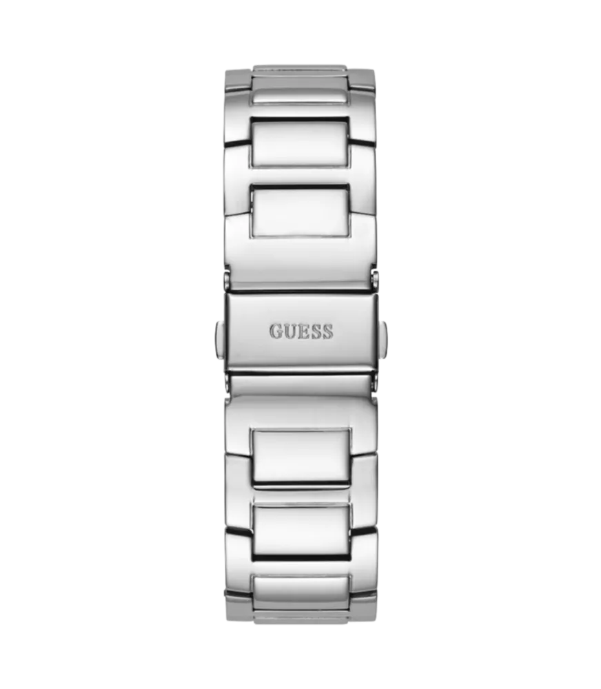 Cuarzo ,analógico, 3 agujas y multifunción. Con esfera de color plateado y cristales