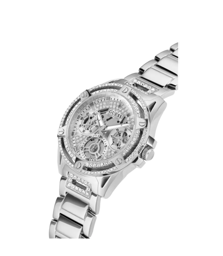 Cuarzo ,analógico, 3 agujas y multifunción. Con esfera de color plateado y cristales