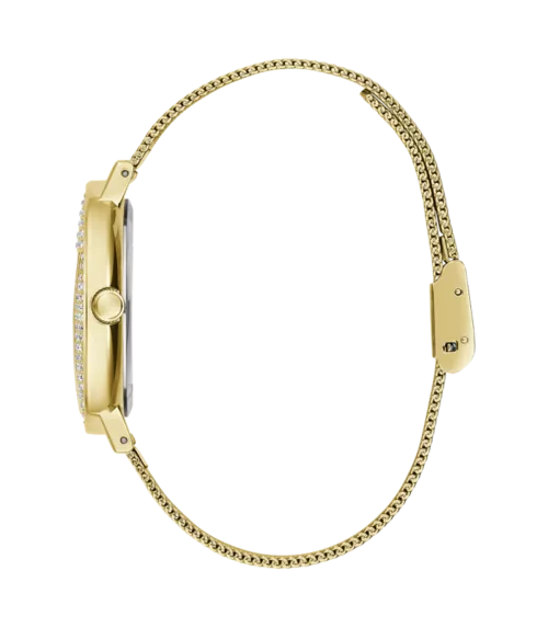 Cuarzo, analógico, 3 agujas y brazalete en acero dorado.