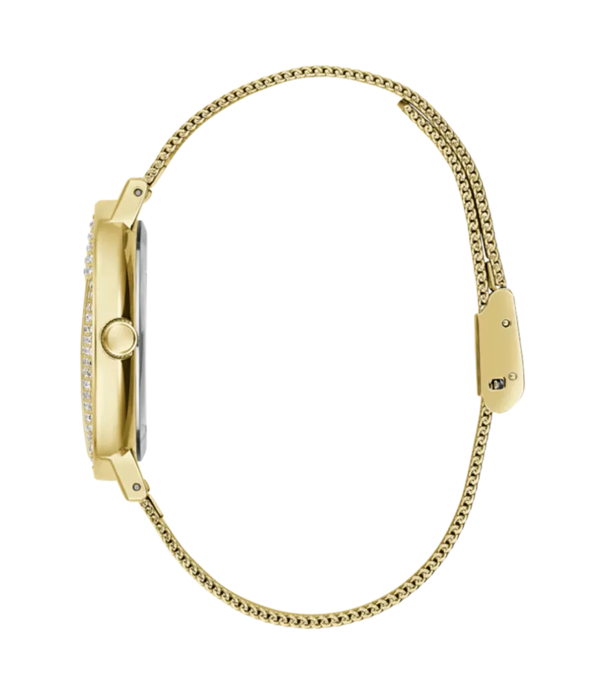 Cuarzo, analógico, 3 agujas y brazalete en acero dorado.