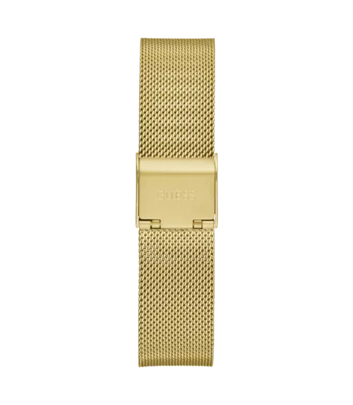 Cuarzo, analógico, 3 agujas y brazalete en acero dorado.