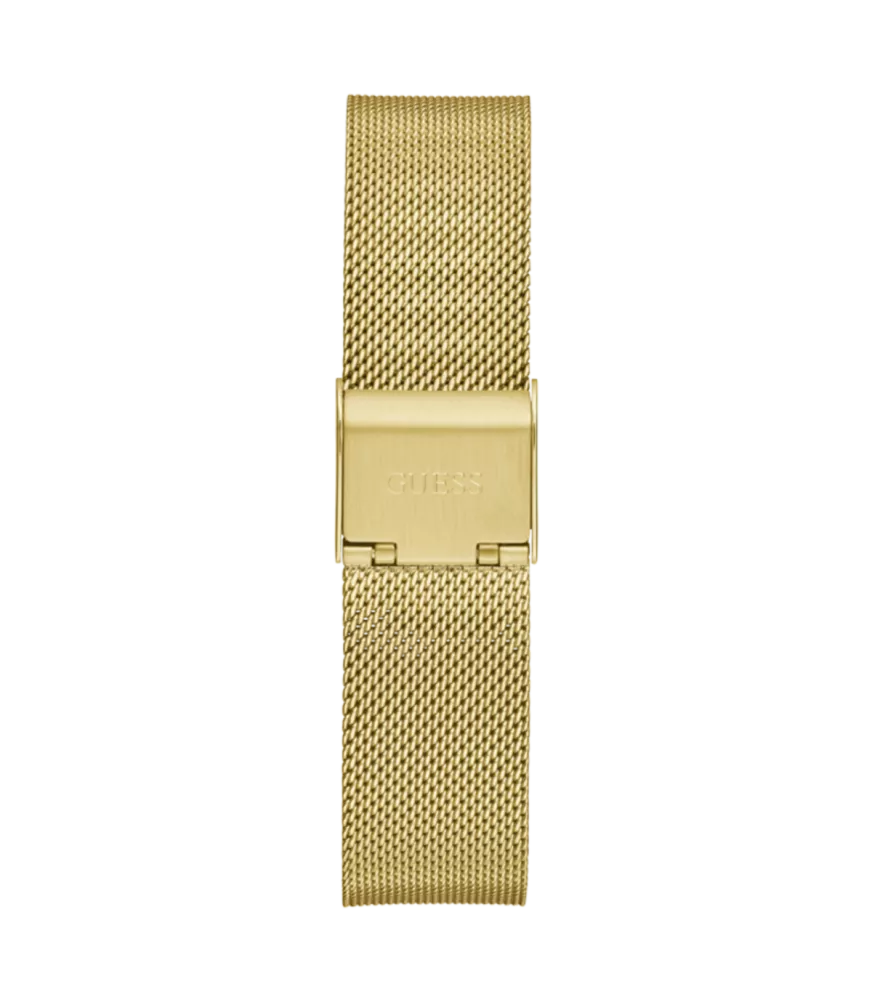 Cuarzo, analógico, 3 agujas y brazalete en acero dorado.