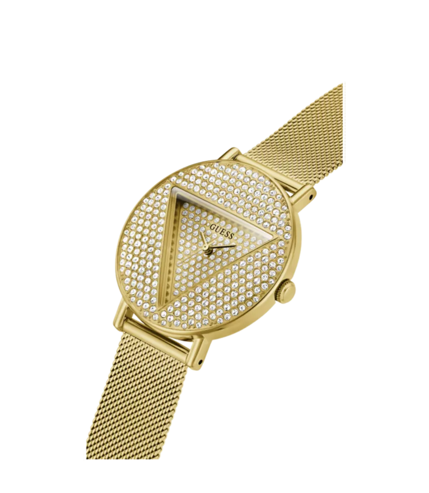 Cuarzo, analógico, 3 agujas y brazalete en acero dorado.