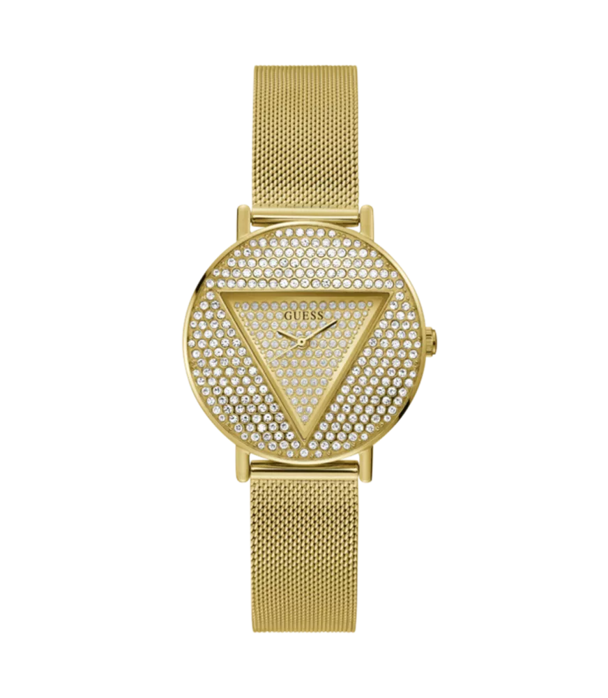 Cuarzo, analógico, 3 agujas y brazalete en acero dorado.