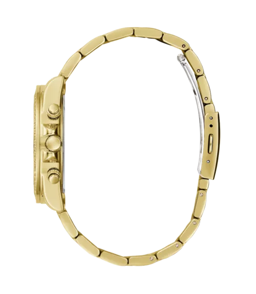 Cuarzo, analógico, 3 agujas, multifunción y brazalete en acero dorado.
