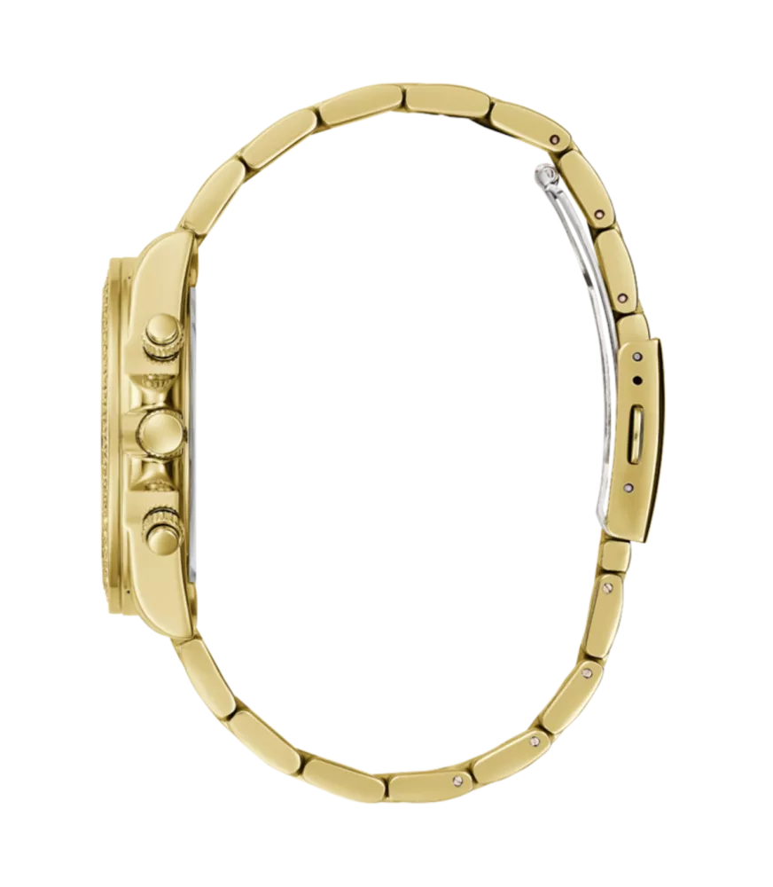 Cuarzo, analógico, 3 agujas, multifunción y brazalete en acero dorado.