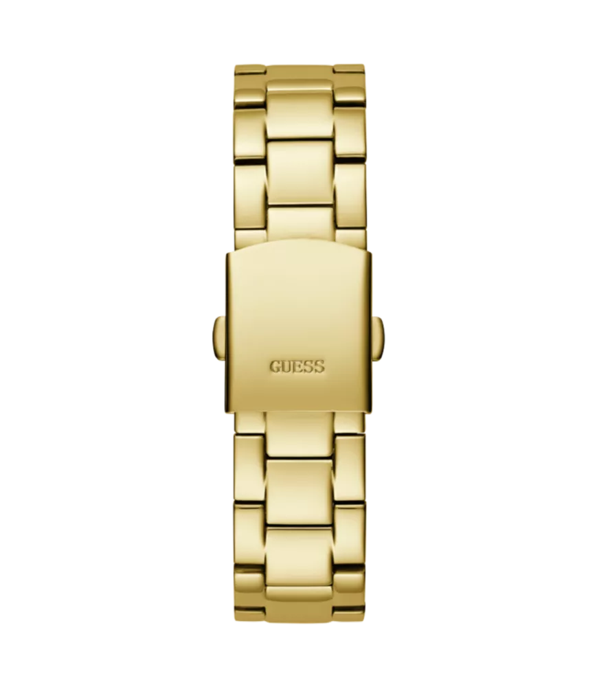 Cuarzo, analógico, 3 agujas, multifunción y brazalete en acero dorado.
