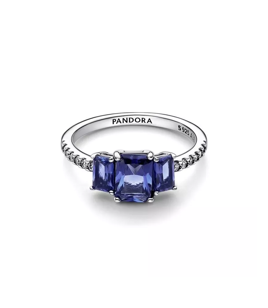 Anillo en plata de primera ley Pandora Tres Gemas Azules Rectangulares