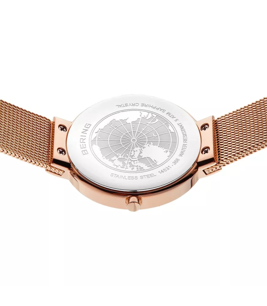 Reloj Bering minimalista mujer con correa malla milanesa en rosé