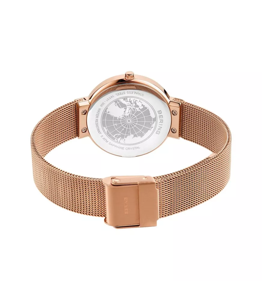 Reloj Bering minimalista mujer con correa malla milanesa en rosé