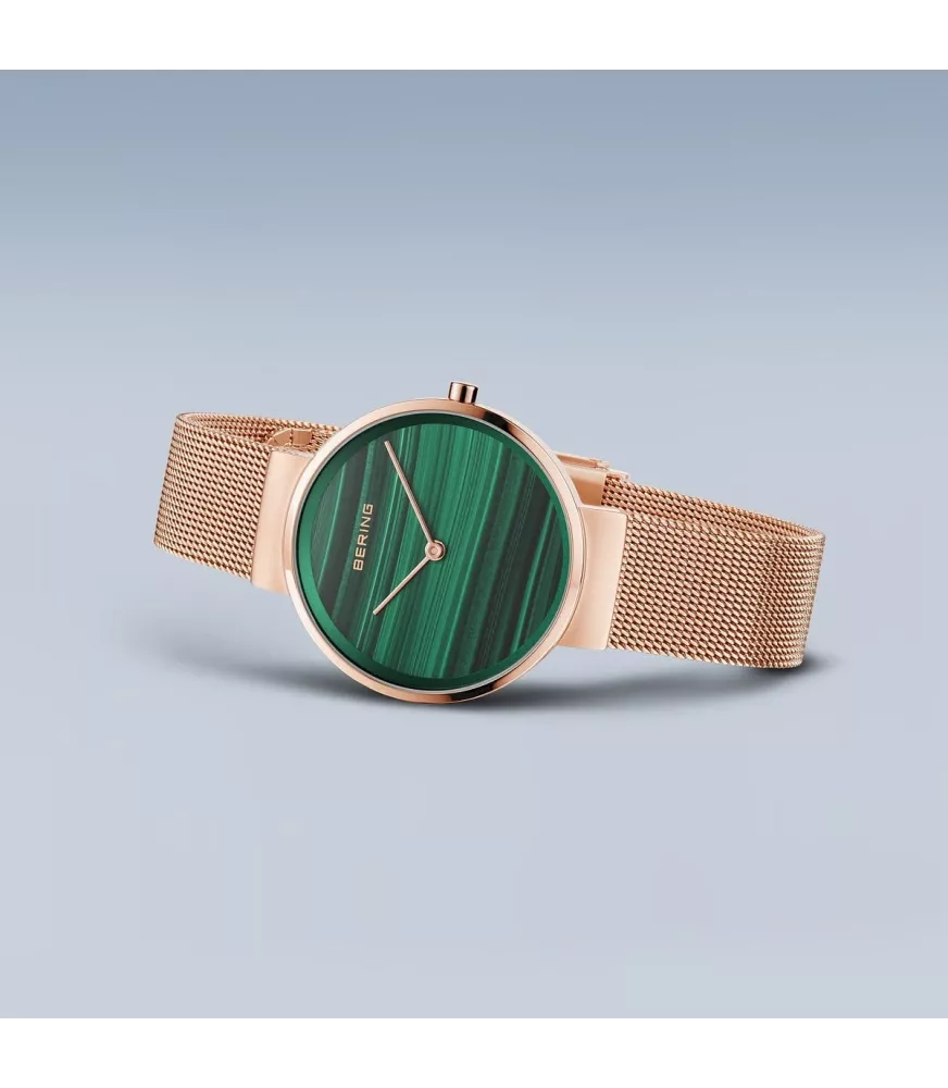 Reloj Bering minimalista mujer con correa malla milanesa en rosé