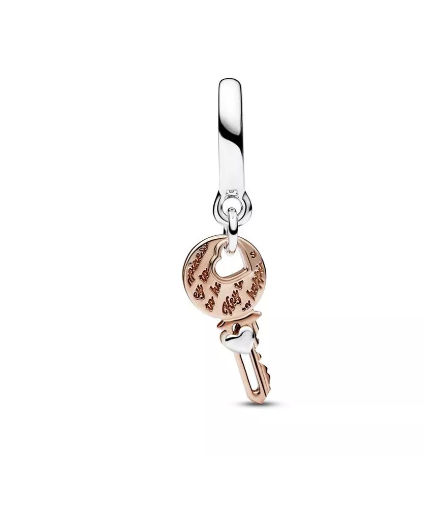 Charm Colgante en Plata De Ley Llave y Corazón Deslizante en Dos Tonos