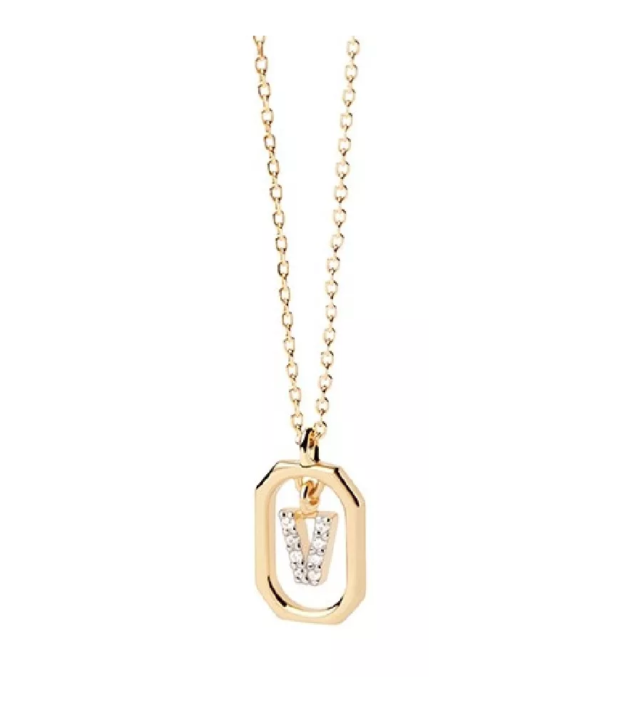 Collar P D Paola, letra V mini, con baño de oro de 18k.