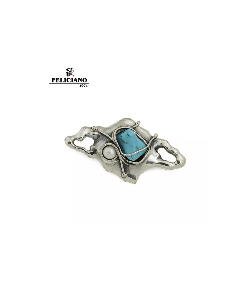 Broche en plata, perla y turquesa