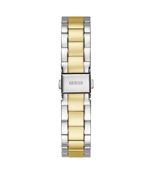 Cuarzo, analógico, 3 agujas, doble calendario y brazalete en acero bicolor.