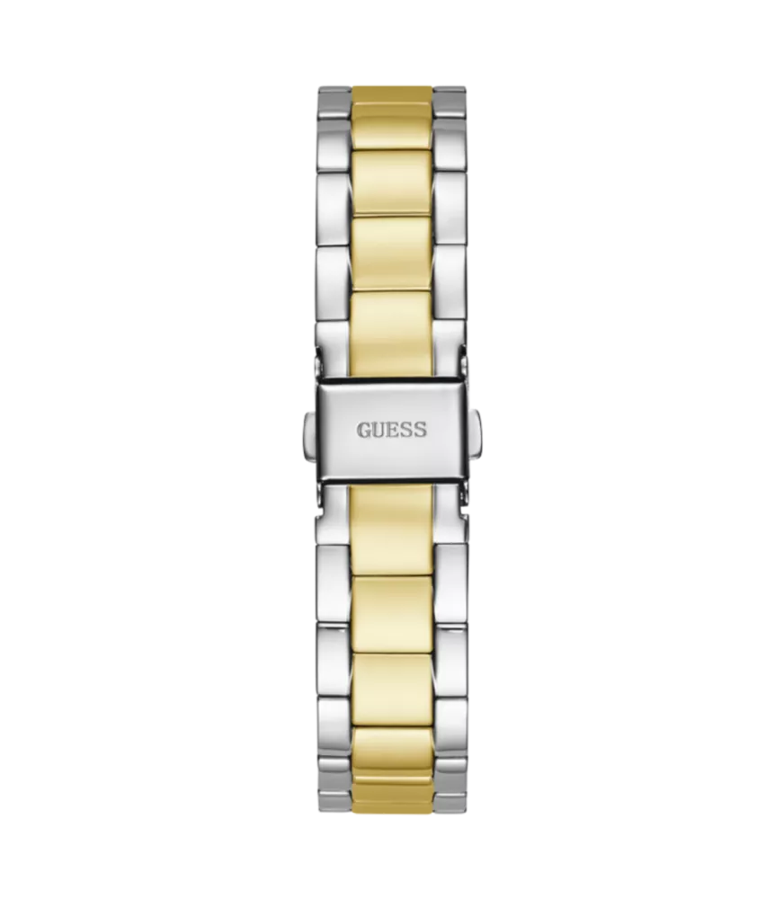 Cuarzo, analógico, 3 agujas, doble calendario y brazalete en acero bicolor.