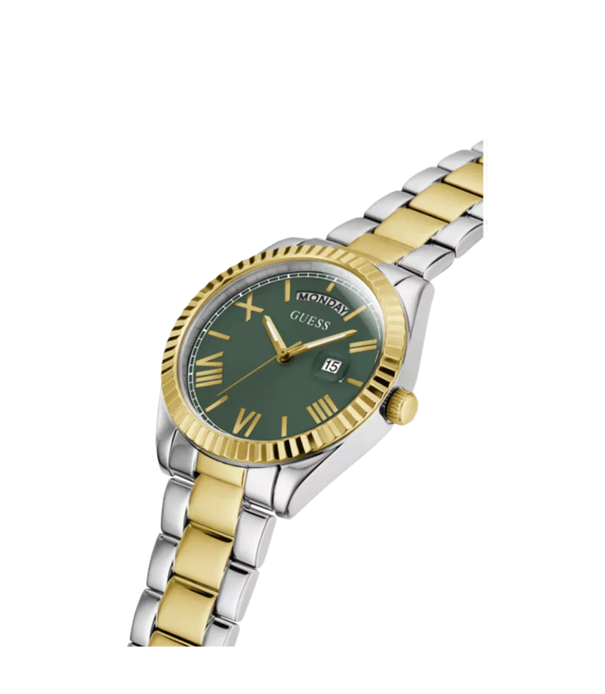 Cuarzo, analógico, 3 agujas, doble calendario y brazalete en acero bicolor.