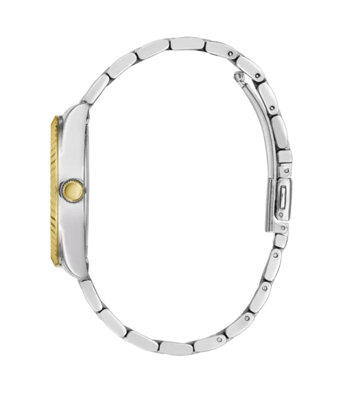 Cuarzo, analógico, 3 agujas, doble calendario y brazalete en acero bicolor.