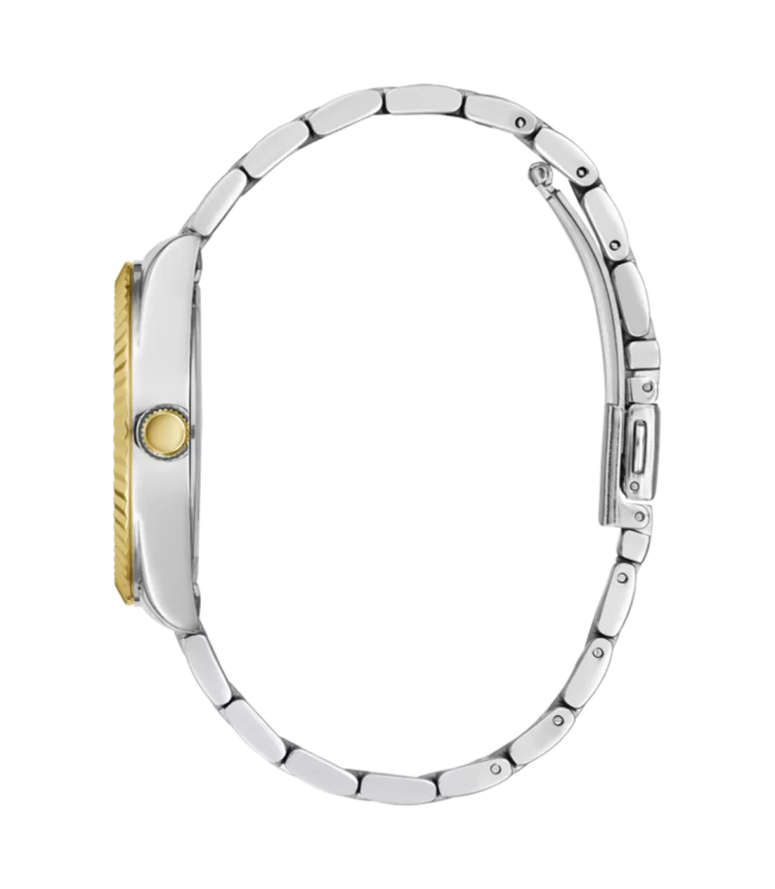 Cuarzo, analógico, 3 agujas, doble calendario y brazalete en acero bicolor.