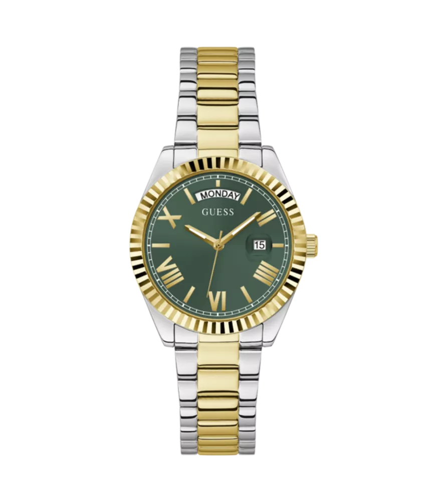 Cuarzo, analógico, 3 agujas, doble calendario y brazalete en acero bicolor.