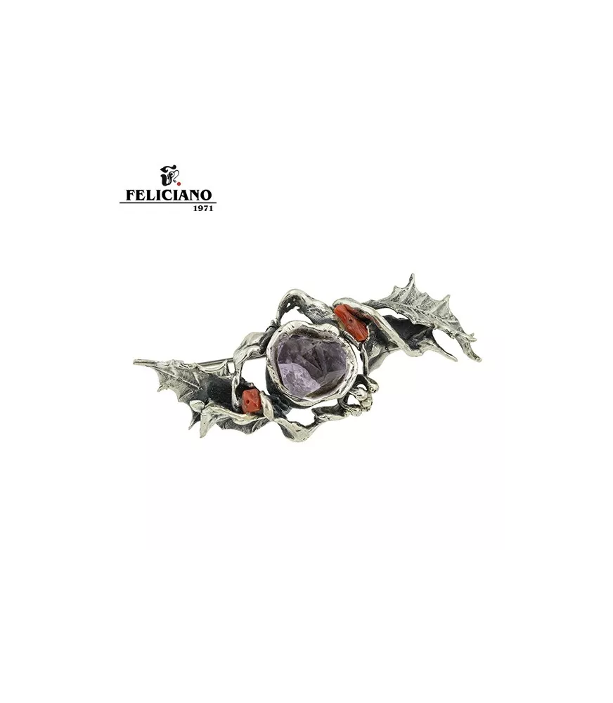 Broche en plata,coral y piedra