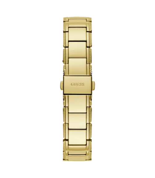 Cuarzo, analógico, 3 agujas y brazalete en acero dorado.