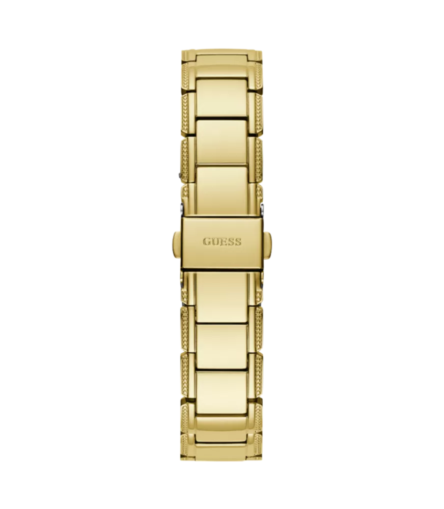 Cuarzo, analógico, 3 agujas y brazalete en acero dorado.