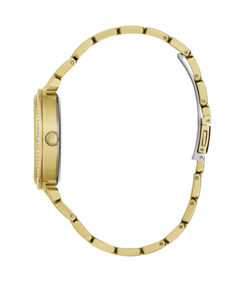 Cuarzo, analógico, 3 agujas y brazalete en acero dorado.