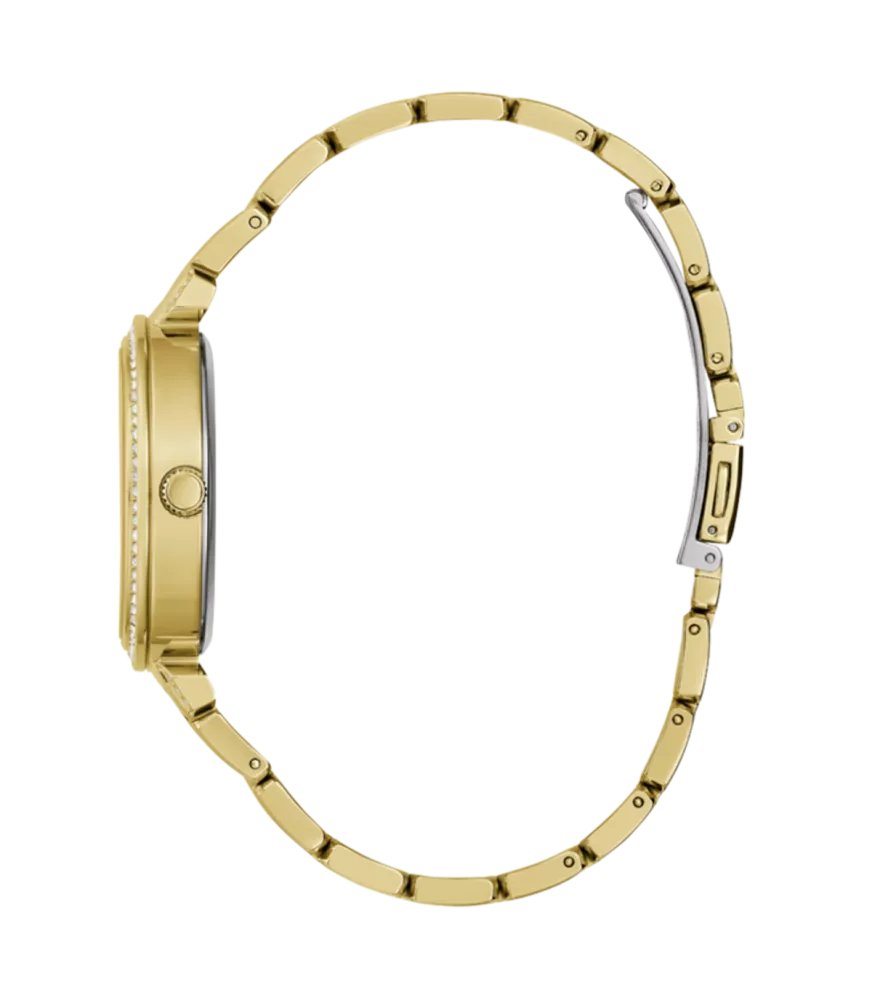 Cuarzo, analógico, 3 agujas y brazalete en acero dorado.