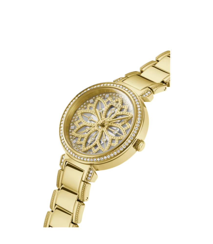 Cuarzo, analógico, 3 agujas y brazalete en acero dorado.