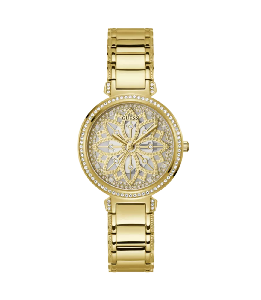 Cuarzo, analógico, 3 agujas y brazalete en acero dorado.