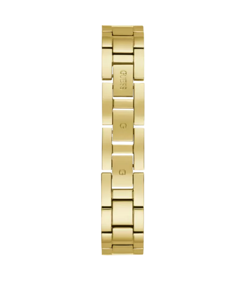 Cuarzo, analógico, 3 agujas y brazalete en acero dorado.