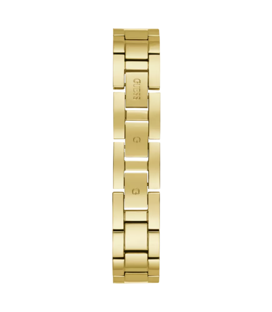 Cuarzo, analógico, 3 agujas y brazalete en acero dorado.