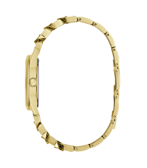 Cuarzo, analógico, 3 agujas y brazalete en acero dorado.