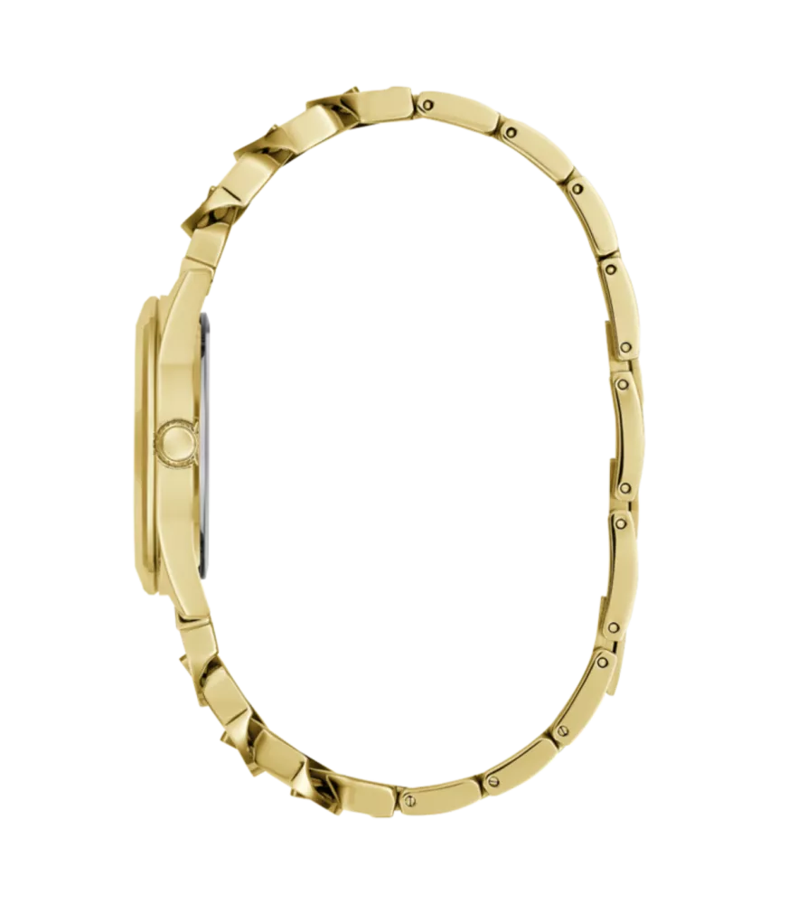 Cuarzo, analógico, 3 agujas y brazalete en acero dorado.