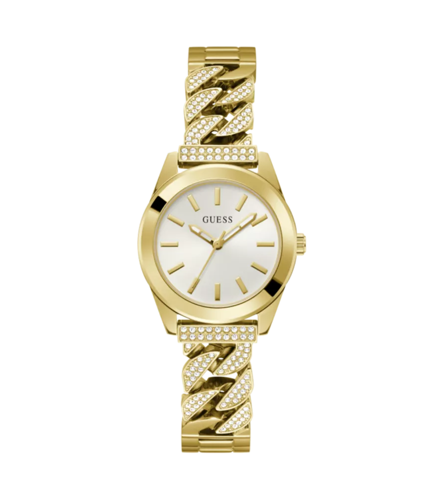 Cuarzo, analógico, 3 agujas y brazalete en acero dorado.