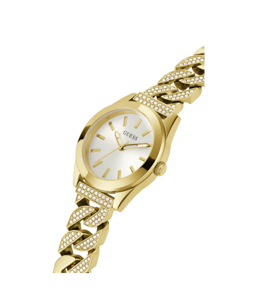 Cuarzo, analógico, 3 agujas y brazalete en acero dorado.