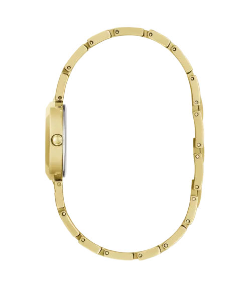 Cuarzo, analógico, 3 agujas y brazalete en acero dorado.