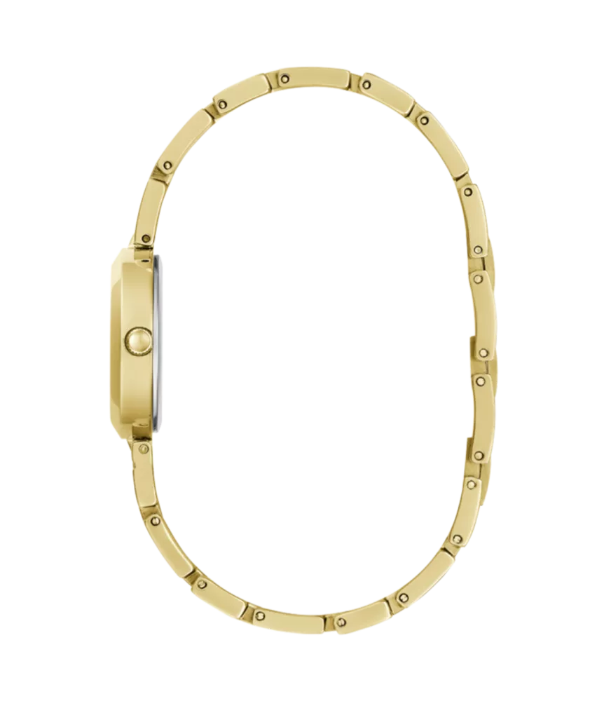 Cuarzo, analógico, 3 agujas y brazalete en acero dorado.