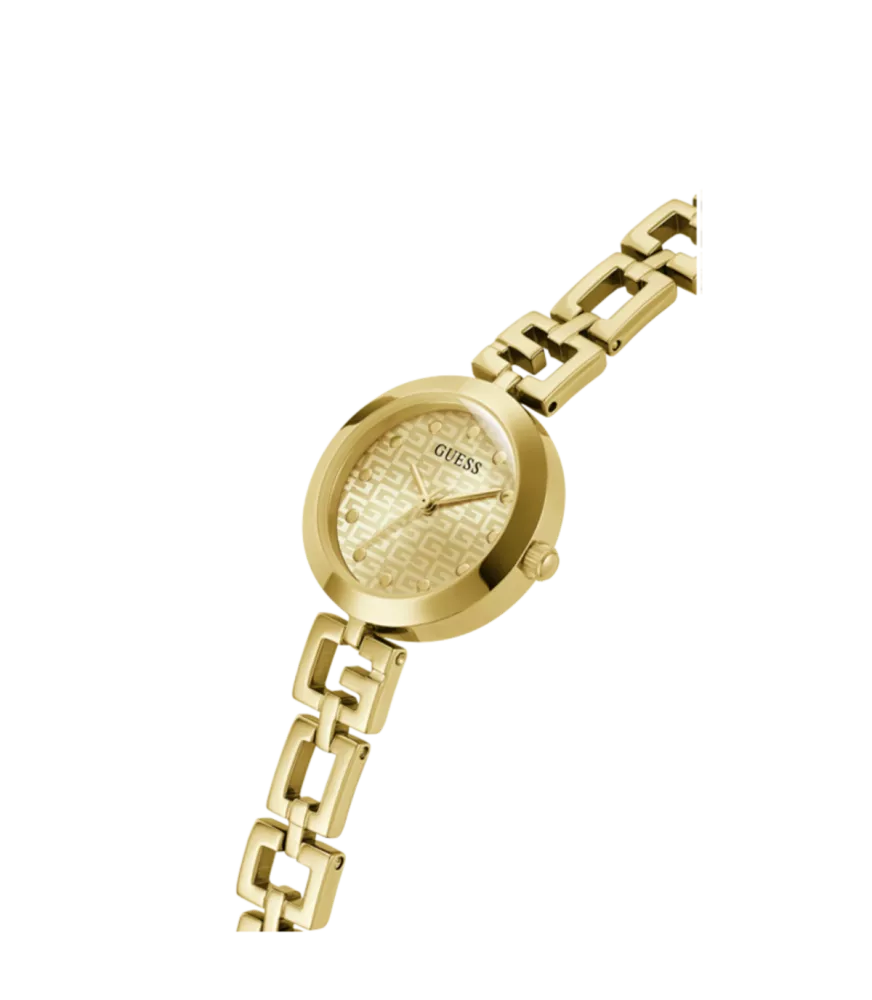 Cuarzo, analógico, 3 agujas y brazalete en acero dorado.