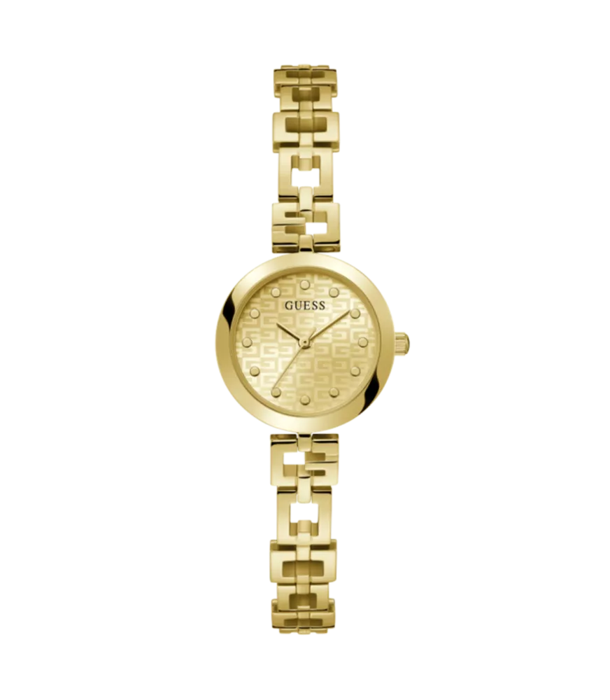 Cuarzo, analógico, 3 agujas y brazalete en acero dorado.