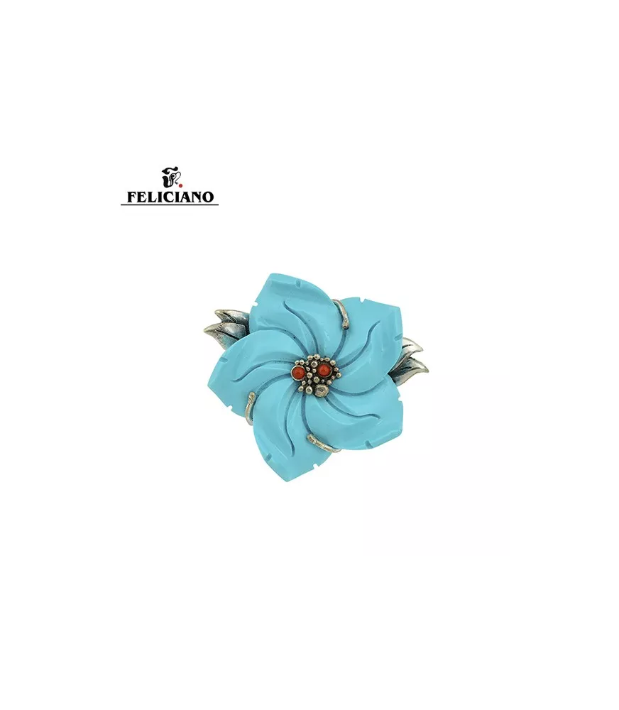 Broche en plata, coral y turquesa