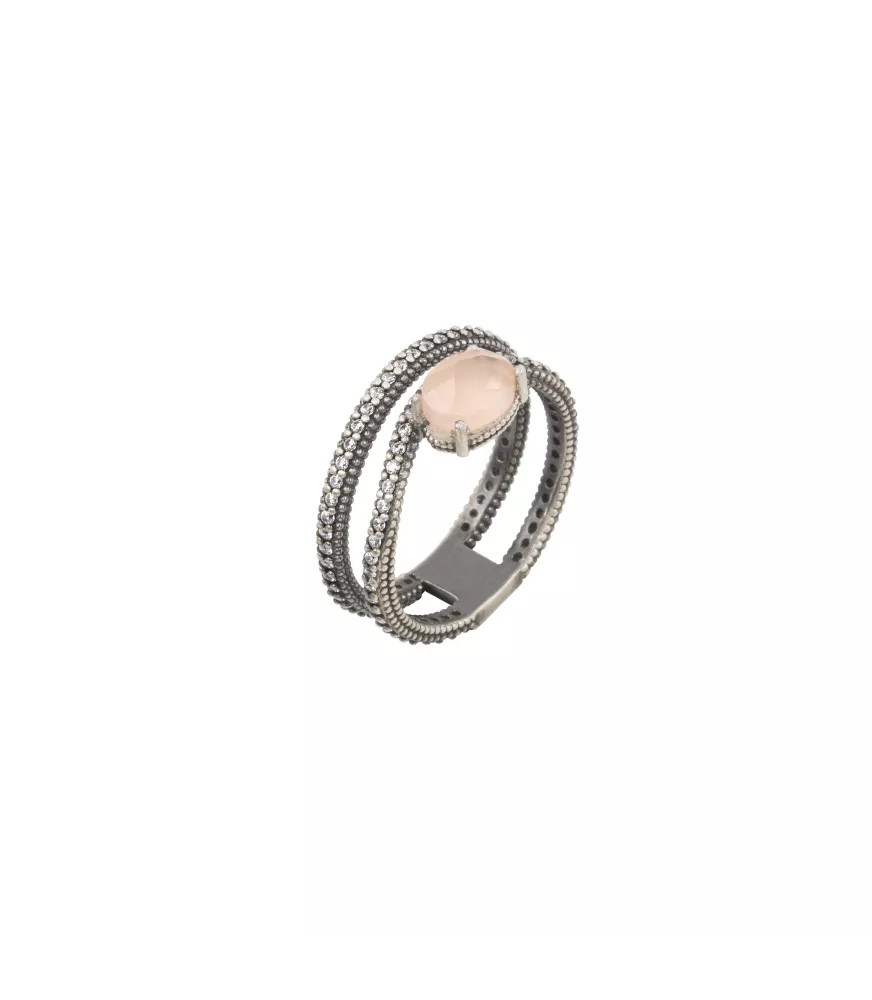 Anillo Sunfield en plata, cuarzo rosa y con circonitas blancas