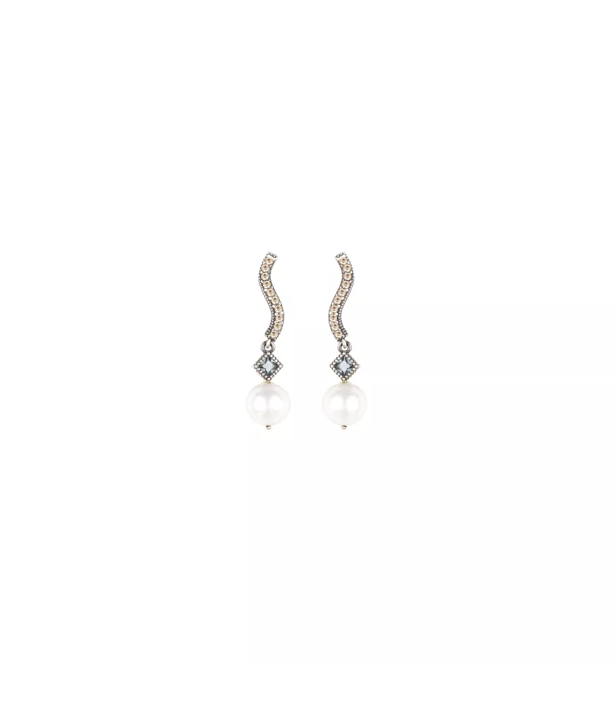 Pendientes Sunfield en plata, con perlas, piedras y circonitas de colores.