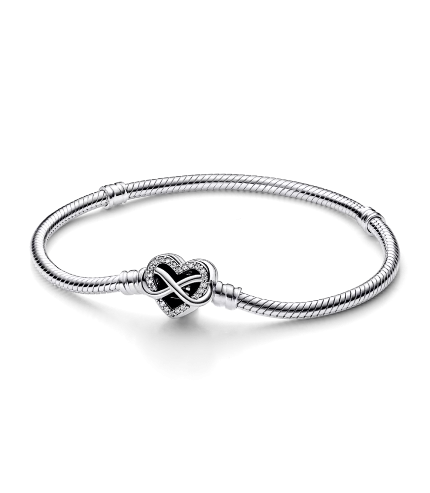Pulsera Pandora Moments en plata de ley Cadena de Serpiente con Cierre Corazón Infinito Brillante