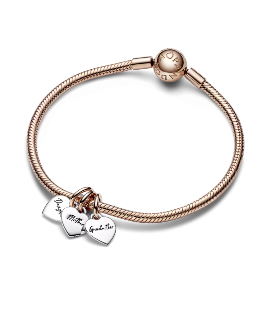 Charm Colgante Divisible Triple en plata de ley y con un recubrimiento en oro rosa de 14k Corazones Generación Familia